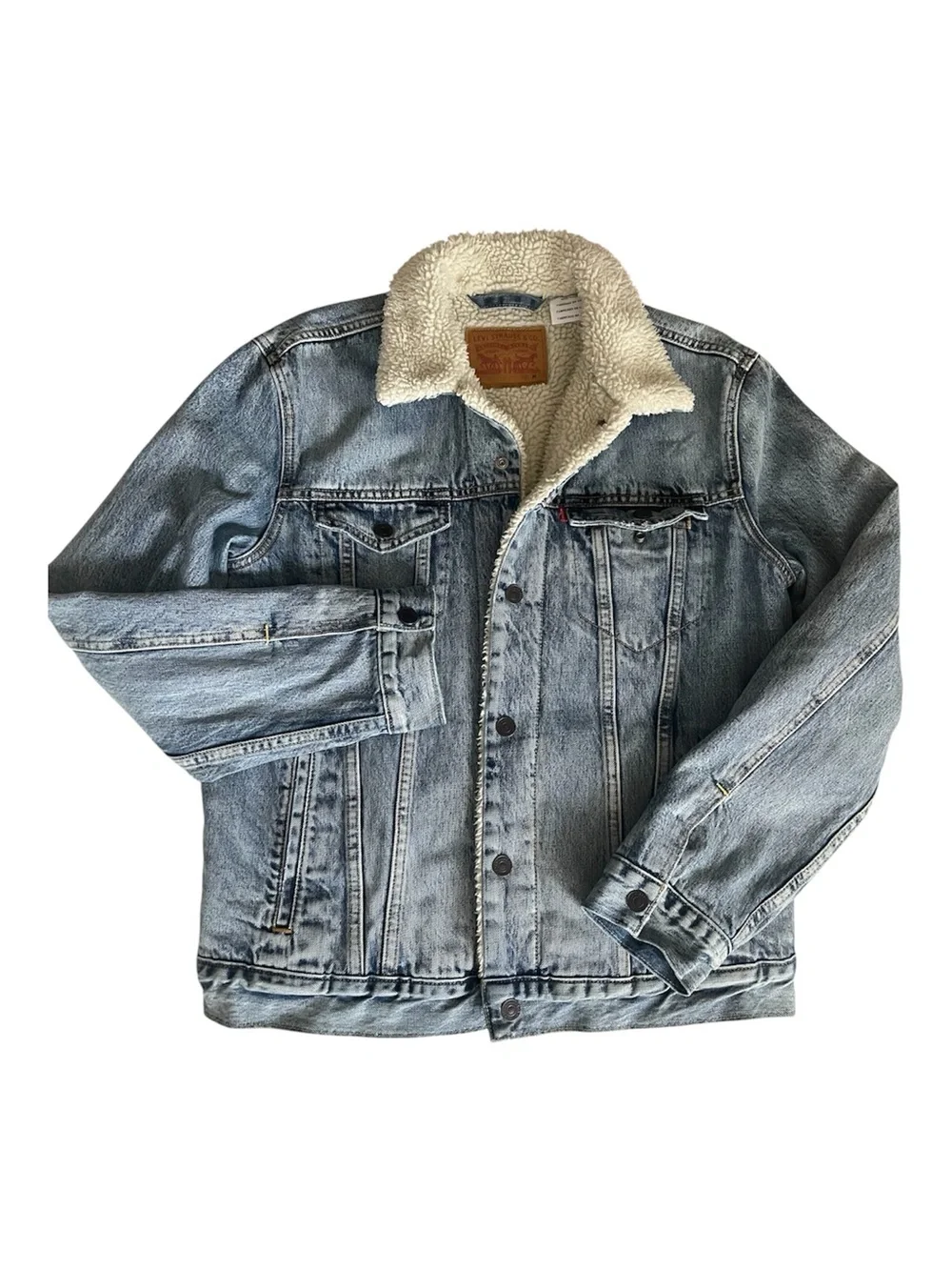 Levis Mens Medium Blue Wash Sherpa Denim Jean Quilted Sleeves Trucker Jacket M